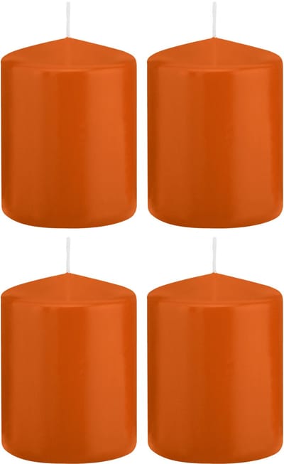 Trend Candles cilinder kaarsen - 4x - stompkaarsen - oranje - 6 x 8 cm - 29 branduren - Geurloze kaarsen - Woondecoratie