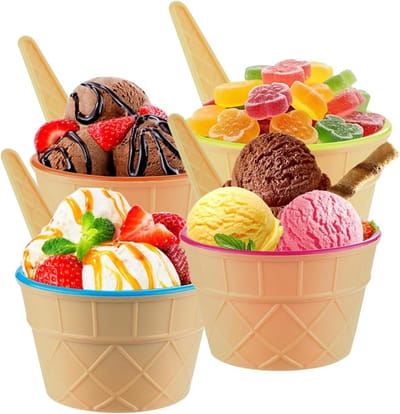 Dessertkommen met Lepels - IJskommetjes Set - Feestelijke Desserts - Herbruikbaar Kunststof - Set van 4 - Vrolijke Kleuren