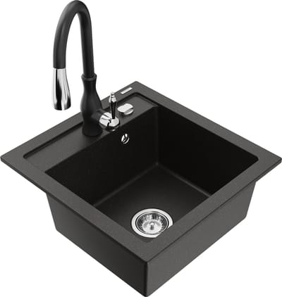 Mexen Vito granieten gootsteen met 1 spoelbak en keukenmengkraan Savita, zwart/gouden metallic - 6503-75-672601-70
