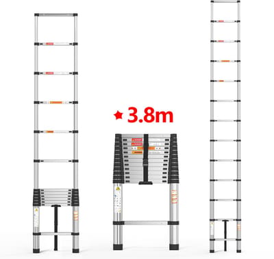 3,8m roestvrijstalen ladder, uitschuifbare en verstelbare ladder, maximaal draagvermogen 150 kg, antislipvoetjes, geschikt voor thuisgebruik en klussen in huis