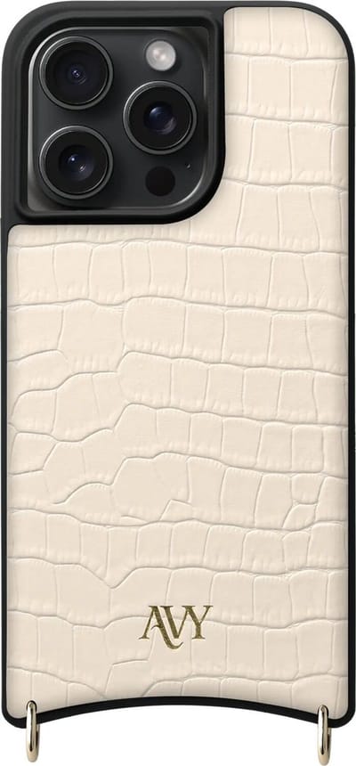 AVY Leren Hoesje geschikt voor Apple iPhone 15 Pro Max | Compatibel met MagSafe | Leather Case | Back Cover | Haakjes voor koord | Croco Beige