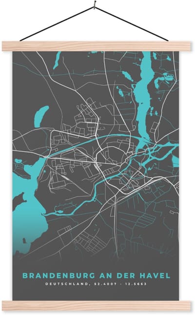 Posterhanger incl. Poster 40x60 cm - Schoolplaat - Blauw – Duitsland – Plattegrond – Stadskaart – Kaart – Brandenburg an der Havel - Textielposter - Blanke latten - Stadskaart