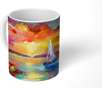 Mok - Koffiemok - Schilderij - Olieverf - Boot - Kleuren - Mokken - 350 ML - Beker - Koffiemokken - Theemok