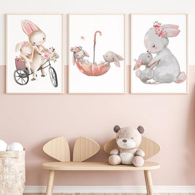 Dailygoods - Zamety Afbeeldingen kinderkamer decoratie, 3-delige set poster 30 x 40 cm, poster kinderkamer roze haas, mooie wandposter roze, babykamer, decoratie geschikt voor kamer en woonkamer, zonder lijst