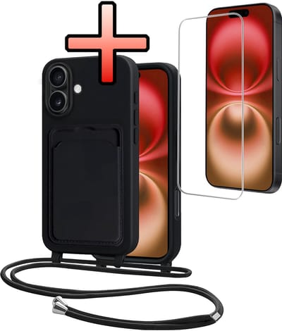 Hoes Geschikt voor iPhone 16 Plus Hoesje Pasjeshouder Cover Met Koord Case Siliconen Hoes Met Telefoonkoord en Kaarthouder Met Screenprotector - Zwart