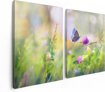 Artaza Canvas Schilderij Tweeluik Blauwe Vlinder Bij Een Paarse Bloem - 120x80 - Foto Op Canvas - Canvas Print