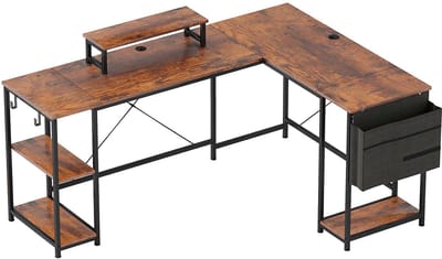 L-vorm hoekbureau computerbureau tweepersoons werk- en gametafel studeertafel 168x120x90cm bruin met 2 haken opbergvak opbergtas en monitorstandaard stevig duurzaam metalen frame eenvoudig te monteren en schoon te maken