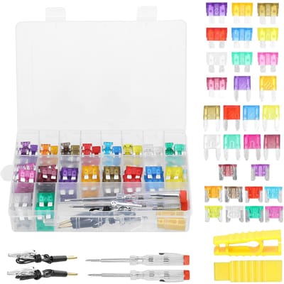Kit d'assortiment de fusibles 300 pièces, fusible à lame enfichable avec 2 testeurs de circuits, boîte de rangement pour voiture camion SUV white