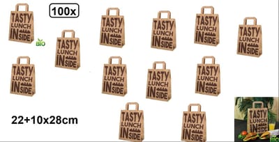 100x Draagtas papier Tasty Lunch Bag - 22+10x28cm - take away lunch eten diner food festival thema feest tas kraft