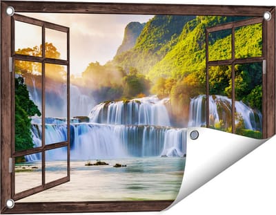 Gards Tuinposter Doorkijk Watervallen tussen de Bomen - 60x40 cm - Tuindoek - Tuindecoratie - Wanddecoratie buiten - Tuinschilderij
