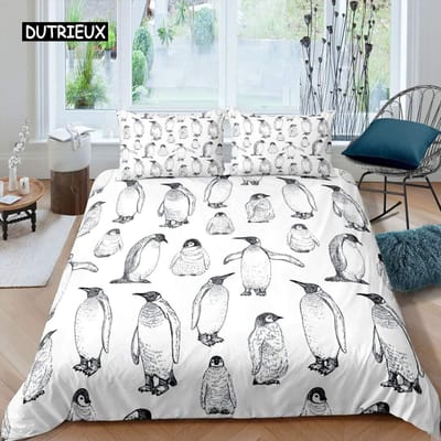 Pinguïn Dekbedovertrek Set Antarctische Dieren Beddengoed Set voor Kinderen Jongens Meisjes Cartoon Stijl King Size Winter Thema Dekbedovertrek AU Single(140x210cm)