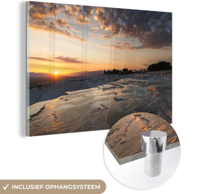 ® Glasschilderij 180x120 cm - Schilderij acrylglas - Zonsondergang bij het Turkse natuurfenomeen Pamukkale - Foto op glas - Muurdecoratie woonkamer - Wanddecoratie slaapkamer - Schilderijen