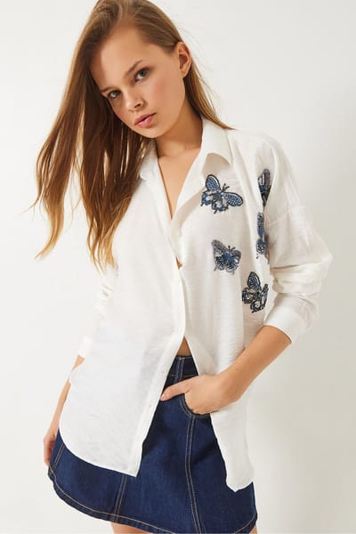 Oversized Geborduurd Shirt met Knopsluiting
