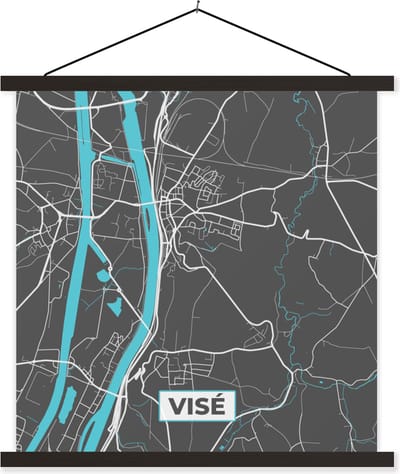 Posterhanger incl. Poster 60x60 cm - Schoolplaat - Stadskaart – Grijs - Kaart – Visé – België – Plattegrond - Textielposter - Zwarte latten - Stadskaart