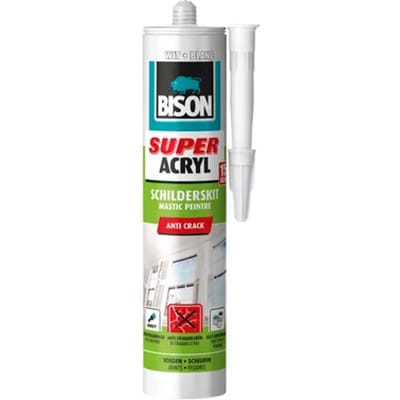Bison Super Acrylaat Schilderskit wit koker 300 ml, direct overschilderbaar, wit, binnen & buiten, blijvend elastisch, afdichten van voegen, naden, kieren en scheuren