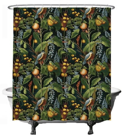 Douchegordijn Anti-Schimmel - Tropische Jungle Bloemen - 180 x 200 cm - met 12 ringen - Ulticool - Blauwe Druif Vogel Kikker - Groen Blauw Geel Zwart - Waterdicht & Wasbaar - Semi Transparant