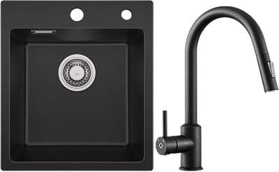 SOFETIY MAX Granieten spoelbakken 40*45cm Zwart - Spoelbak Keuken Met Keukenkraan - Gootsteen Met Waterafvoersysteem - Wasbak Keuken