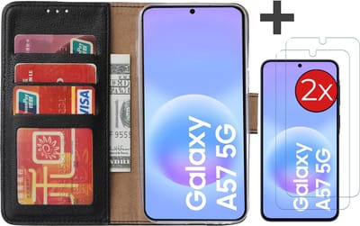 Hoesje met 2 Stuks Screenprotectors Geschikt voor Samsung Galaxy A57 – Arara bookcase met pasjeshouder - Zwart