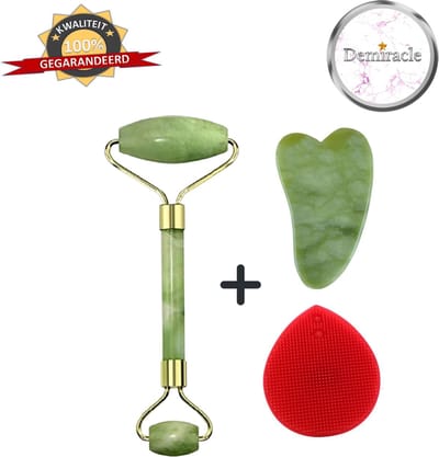 Demiracle Jade Face Roller met Gua Sha Schraper en Rode Siliconen Gezichtsborstel - Gezichtsroller - Massage Roller - Jade Roller - Rimpelverwijdering - Ontspanning