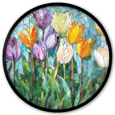 Poster in lijst Rond - Fotolijst 40x40 cm - Posters - Mozaïek - Veld - Tulpen - Kleurrijk - Ronde posterlijst zwart - Decoratie - Wanddecoratie woonkamer - Muurdecoratie slaapkamer