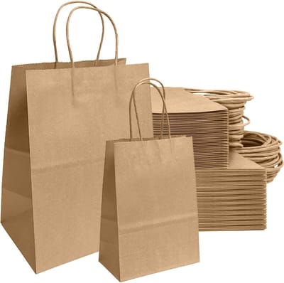 Grote Kraft Papieren Tassen met Handvat - 50 Stuks voor Verjaardag, Bruiloft en Cadeauverpakking - Ideaal voor Winkelen en Afhaalmaaltijden, 21 x 8 x 15 cm, 27 x 14 x 21 cm