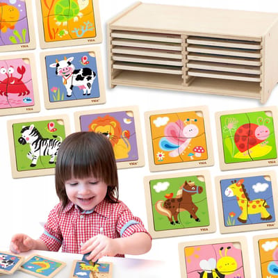 VIGA Houten Puzzel Set met 12 Borden en Standaard