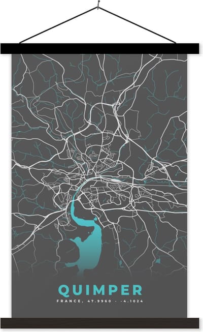 Posterhanger incl. Poster 40x60 cm - Schoolplaat - Quimper - Frankrijk - Plattegrond - Kaart - Stadskaart - Textielposter - Zwarte latten - Stadskaart