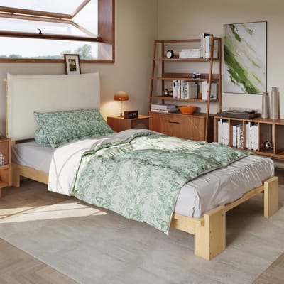 Gestoffeerd Eenpersoonsbed - Kinderbed Gevoerd - Comfortabel Slapen - Verstelbare Rugleuning Klittenband - 90x200cm - Naturel