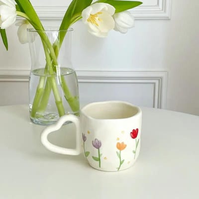 350ml Creatieve Keramische Koffiemok Ins Stijl Handbeschilderd Bloemen Harten Handgeknepen Irregulair Thee Melk Kop Ontbijt Havermout Mok 350ML white