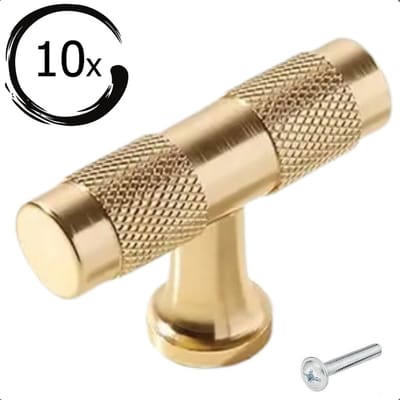 10X Kastknoppen Erie T-Greep Goud - Kastknop - Meubelknop - T-Greep Ribbel - Knoppen voor keukenkast - deurknopjes - Meubelknoppen / Kastknoppen Goud