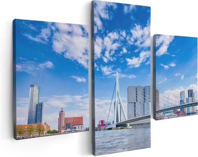 Artaza Canvas Schilderij Drieluik Erasmusbrug Aan Het Water In Rotterdam - 90x60 - Foto Op Canvas - Canvas Print