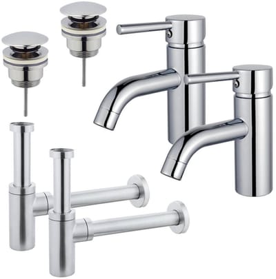 FugaFlow Eccelente Sobrado Badkamer Wastafelkraanset - voor dubbele wastafel - lage wastafelkraan - klikwaste plug - design sifon - Chroom