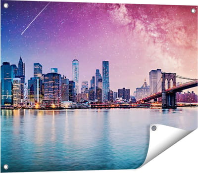 Gards Tuinposter New York Skyline met een Kleurrijke Hemel - 80x60 cm - Tuindoek - Tuindecoratie - Wanddecoratie buiten - Tuinschilderij