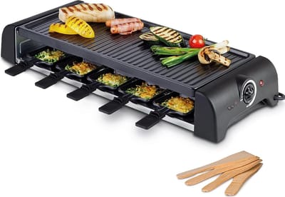 XXL Raclette Voor 10 Personen - 1500W Met 10 Pannen - Houten Spatels & Antiaanbaklaag Grillplaat - Zwart