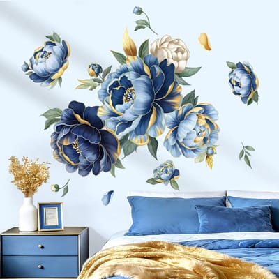 Grote Blauwe Bloem Muurstickers Gouden Bladeren Penoy Bloemen Muurstickers Slaapkamer Woonkamer Sofa TV Achtergrond Home Decor