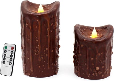 CVHOMEDECO. Real Wax Hand Dipped Battery Operated LED Pillar Candles with Timer and Remote Control, Primitives Rustic Flickering Dancing Flame Lights Décor, H 6 & 4 Inch, Set of 2, Brown.