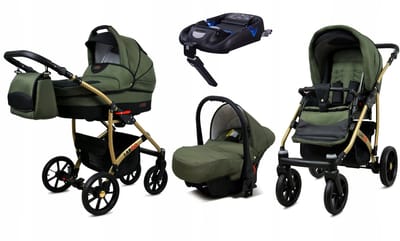 BabyLux® Kinderwagen 4in1 – LARGO - OLIVE BLACK GOLD FRAME - Opklapbare Wandelwagen incl. Reiswieg, Multifunctionele Buggy Sportstoel, Autostoel, ISOFIX basisstation - Combi-kinderwagen met Luiertas, Regenhoes, Klamboe