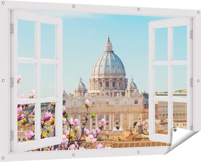 Gards Tuinposter Doorkijk Sint Pietersbasiliek in Rome met Bloemen - 150x100 cm - Tuindoek - Tuindecoratie - Wanddecoratie buiten - Tuinschilderij