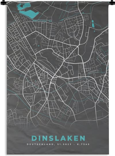 Wandkleed - Wanddoek - Kaart – Plattegrond – Stadskaart – Dinslaken – Duitsland – Blauw - 120x180 cm - Wandtapijt