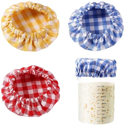 Dailygoods- Afdekking Hoogwaardige Stof - Fermentatiedoek - Elastische Deksel - Inmaakpotten - Brood - 3 Stuks met Rasterpatroon