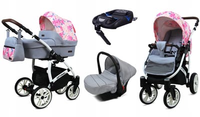 BabyLux® Kinderwagen 4in1 – OPTIMAL - PEONY AND ROSE WHITE FRAME - Opklapbare Wandelwagen incl. Reiswieg, Multifunctionele Buggy Sportstoel, Autostoel, ISOFIX basisstation - Combi-kinderwagen met Luiertas, Regenhoes, Klamboe
