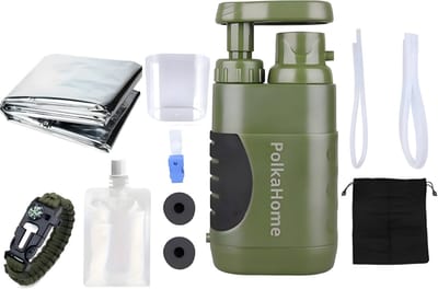 PolkaHome Waterfilter Survival Filtert 5000L, Waterfilters Outdoor, Waterzuivering, Waterzuiveringsapparaat, Survival Kit, water filter noodpakket (Inclusief opvouwbare 500ml waterzakje, overlevingsdeken, 5-in-1 overlevingsarmband) Filtert 5000L