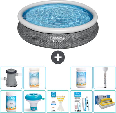 Bestway Rond Opblaasbaar Fast Set Zwembad - Rotanprint - 366 x 76 cm - Inclusief Pomp - Chloor - Chloordrijver - Testrips - Reparatiesetje - Scrubborstel - PH-min - PH-plus - Thermometer - 10-delig