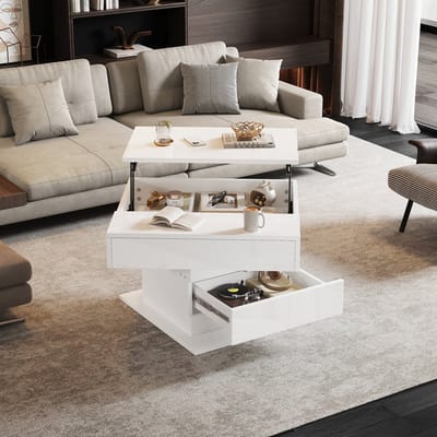 Salontafel - 70x70x45 cm - Geometrisch Draaibaar + Verstelbaar - Met Lade en Verborgen Opbergruimte - Hoogglans - Wit