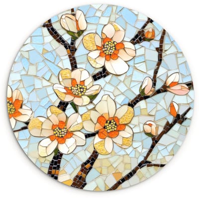 WallCircle® Wandcirkel 120x120 cm - Muurcirkel Bloesems - Wit - Mozaïek - Tak - Muurdecoratie woonkamer - Wanddecoratie slaapkamer - Kamer decoratie accessoires - Ronde schilderijen XXL