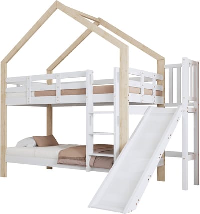 Stapelbed Met Glijbaan - Huisbed - Kinderbed - Speelbed - Valbeveiliging - Rechte Trap - Dak - Massief Hout - Kinderkamer - 90x200cm - 1 Stuk - Wit/Natuur