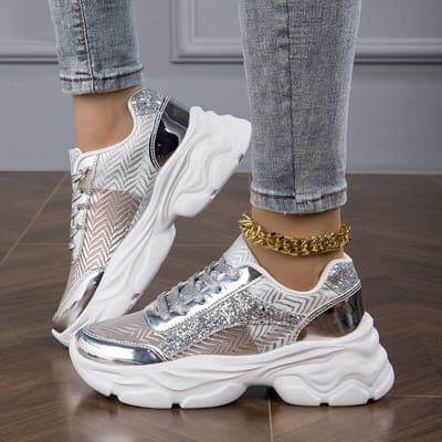 Dames Glitter Design Platform Sneakers Casual Veterschoenen Buitenschoenen Comfortabele Lage Schoenen Zomer Ademende schoenen Dames 38 white