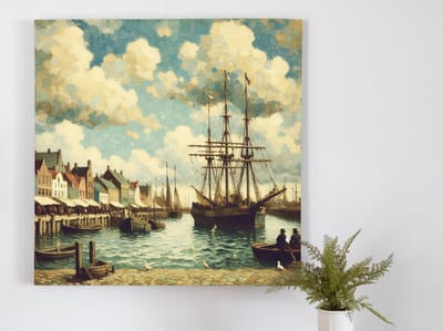Olieverf haven schilderij | Maritiem meesterwerk: sprankelende havengezichten in detailrijk olieverf kunstwerk | Kunst - 30x30 centimeter op Canvas | Foto op Canvas
