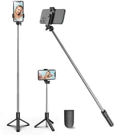 Oneay Draagbare selfiestick met handstatief voor telefoon – Voorzien van afneembare draadloze afstandsbediening – Lengte 1 meter – Zwart