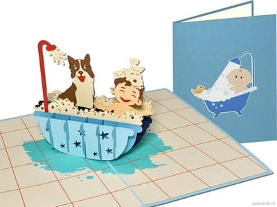 Popcards pop-up kaart – Baby Shower Kind in Bad Jongen Hond Verjaardag Vriendschap Felicitatie Kinderen pop-up geboortekaart 3D wenskaart